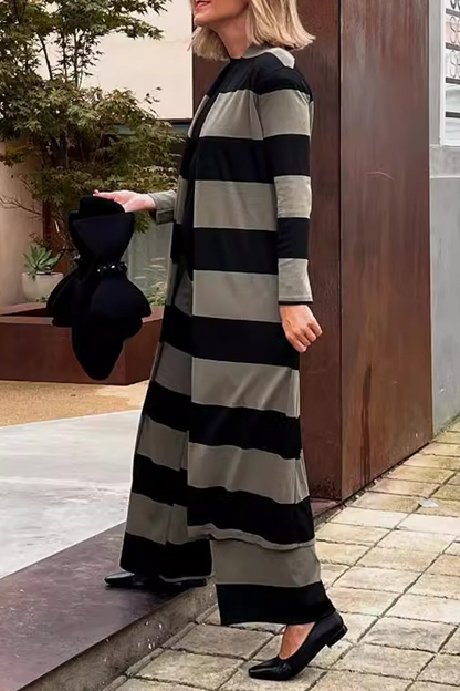 Street Stripe Patchwork Contrast Cardigan Collar Long Sleeve Two Pieces