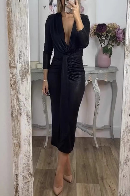 Bronzing Pattern Ruched V Neck Wrapped Skirt Dresses(3 Colors)