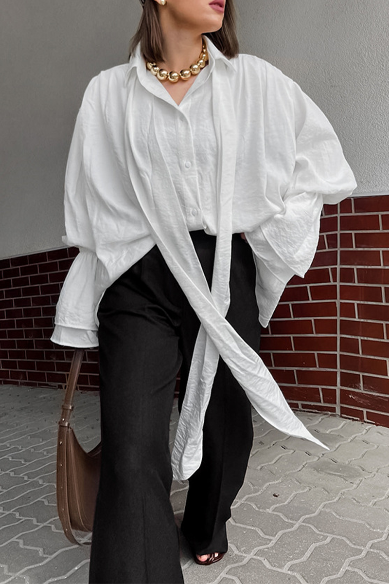 Lace Up Buttons Turndown Collar Blouses