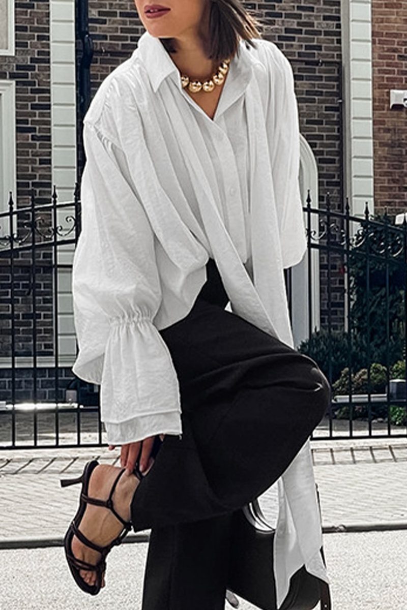 Lace Up Buttons Turndown Collar Blouses