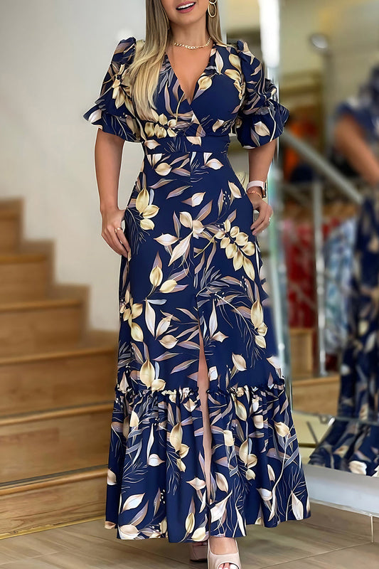 Print Patchwork Slit V Neck Long Dresses