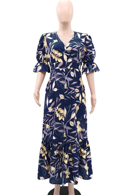 Print Patchwork Slit V Neck Long Dresses