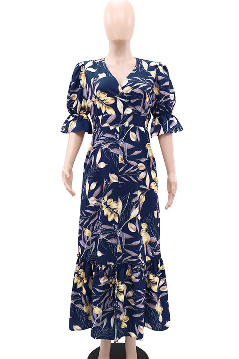 Print Patchwork Slit V Neck Long Dresses
