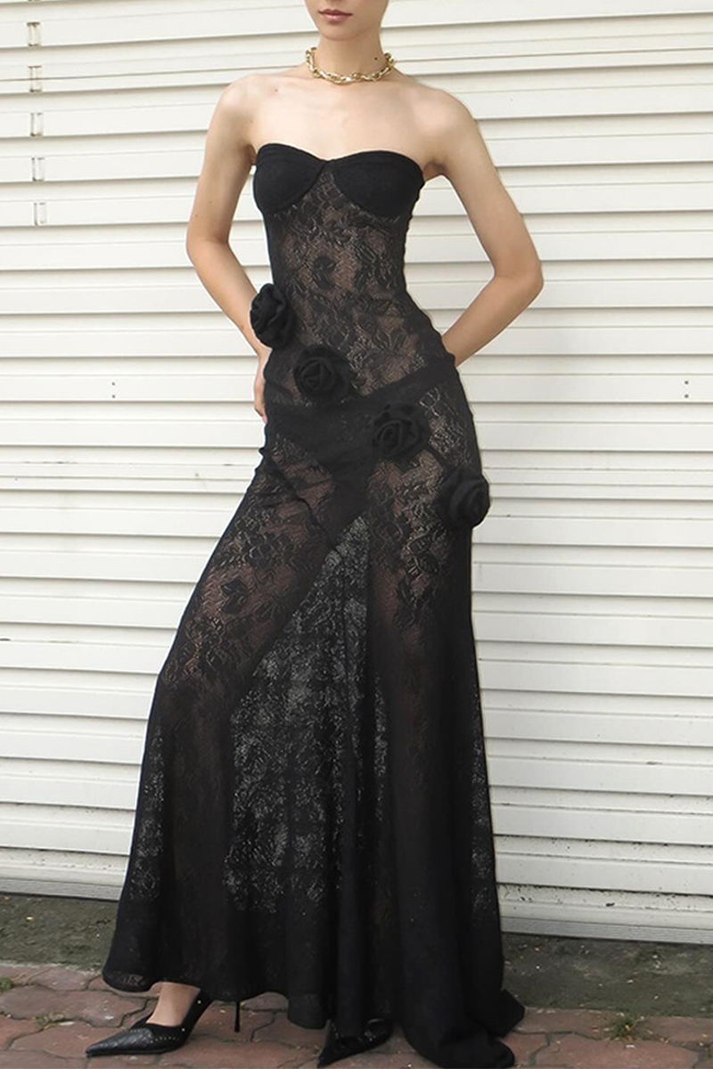Lace Flower Shape Strapless Long Dresses