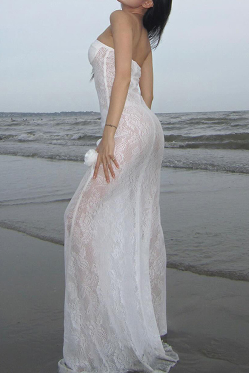 Lace Flower Shape Strapless Long Dresses
