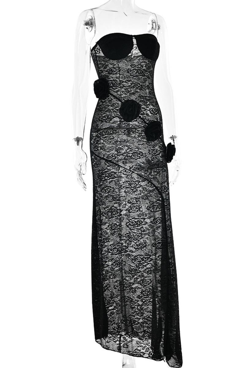 Lace Flower Shape Strapless Long Dresses