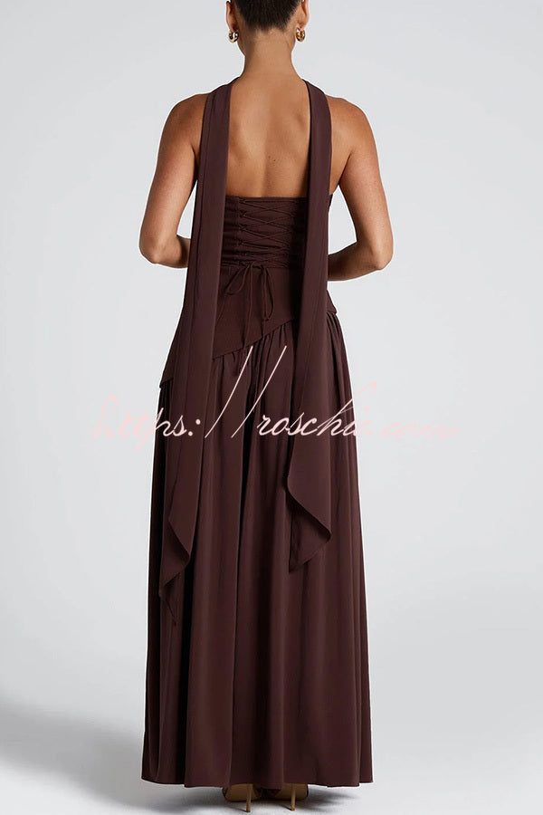 Off Shopulder Chiffon Pleated Hem Scarf Slit Maxi Dress
