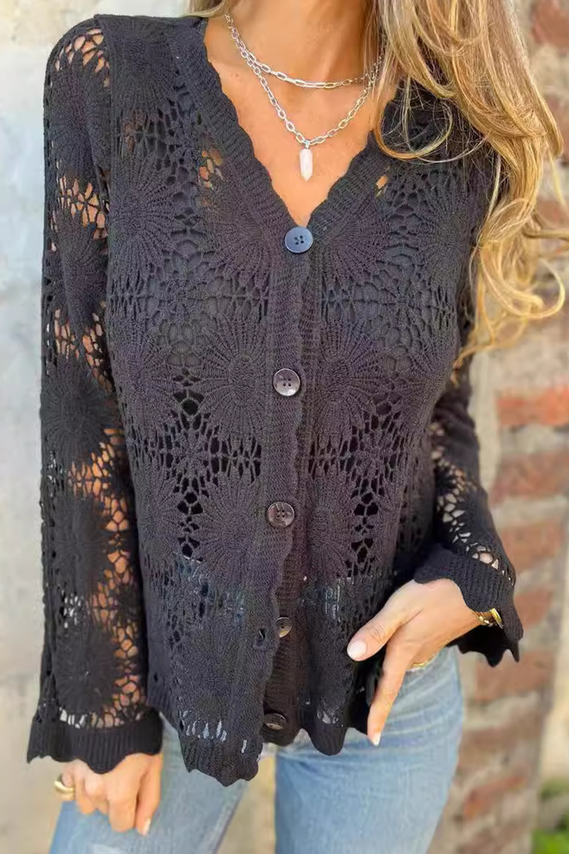 Lace Hollow Out Buttons V Neck Blouses
