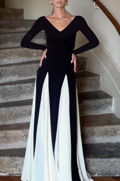 Patchwork Contrast V Neck Long Dresses