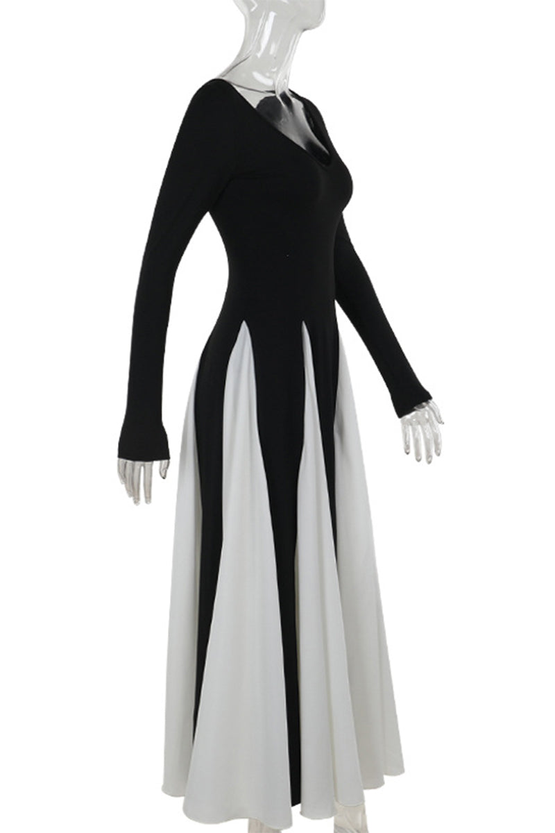 Patchwork Contrast V Neck Long Dresses