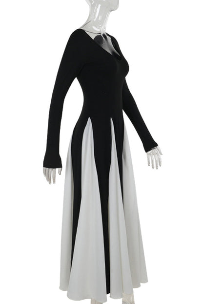 Patchwork Contrast V Neck Long Dresses