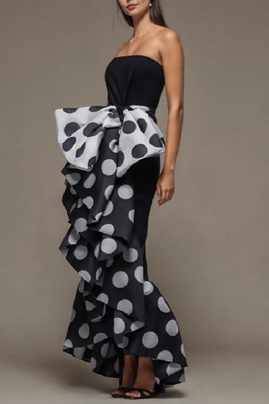 Formal Polka Dot Patchwork Backless Strapless Long Dresses