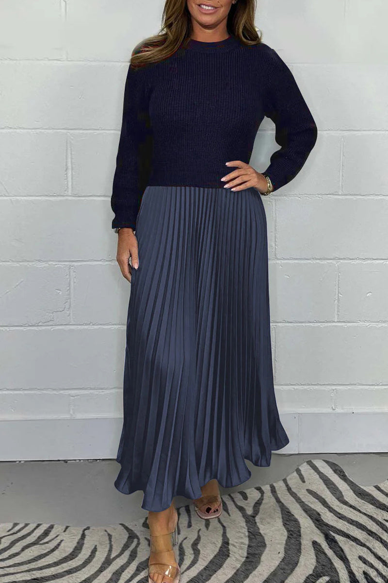 Patchwork Contrast O Neck Long Dresses(9 Colors)