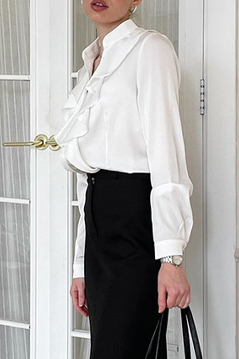 Buttons Ruffle Mandarin Collar Blouses