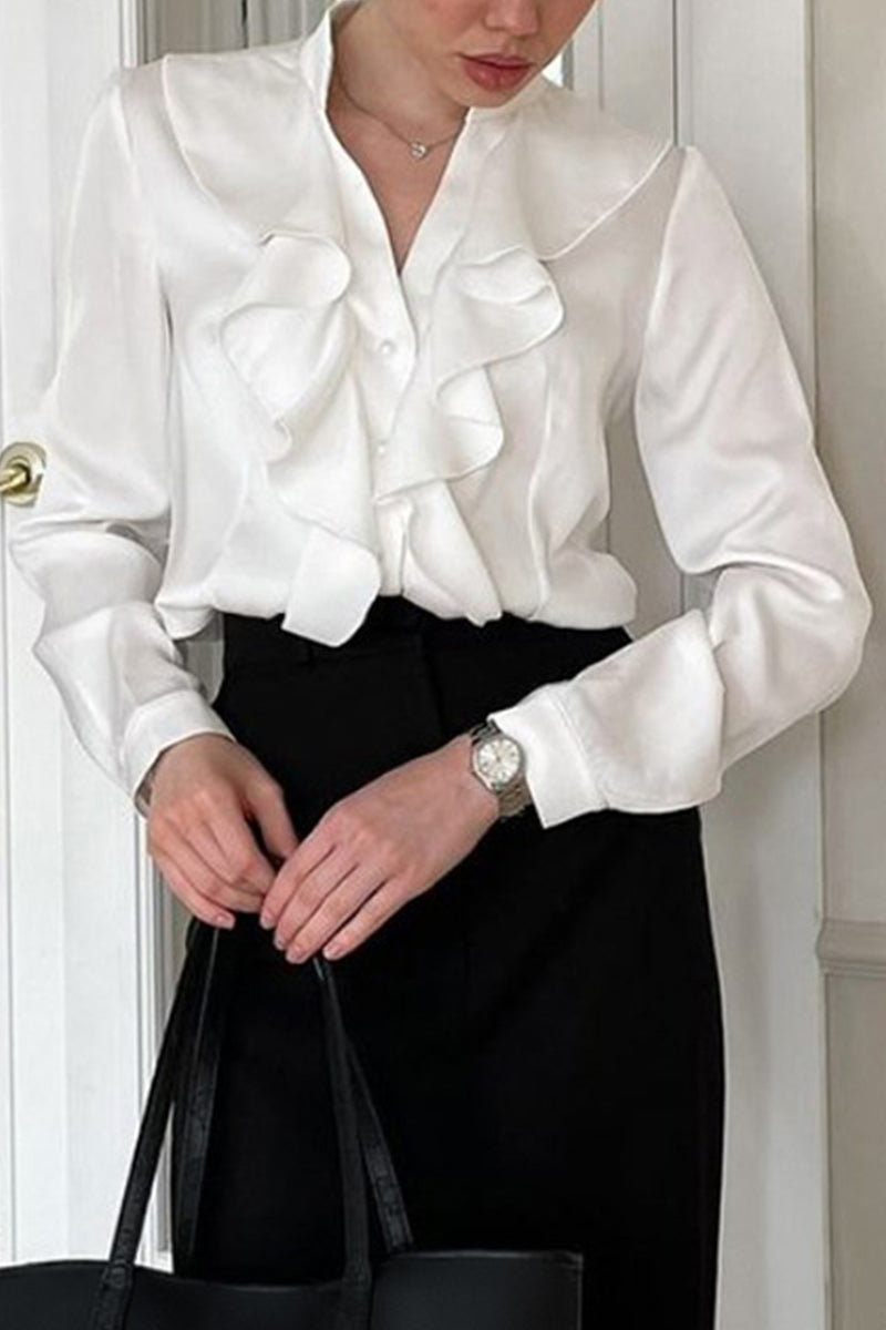Buttons Ruffle Mandarin Collar Blouses