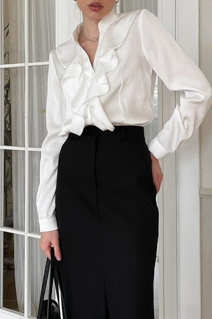 Buttons Ruffle Mandarin Collar Blouses