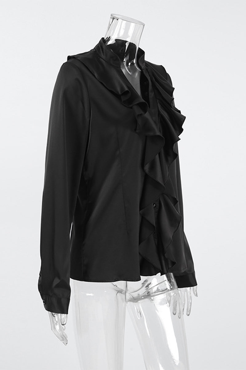 Buttons Ruffle Mandarin Collar Blouses