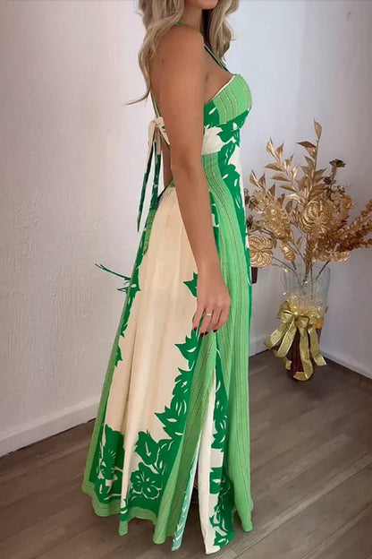Vacation Print Lace Up Backless Slit Halter Long Dresses(4 Colors)