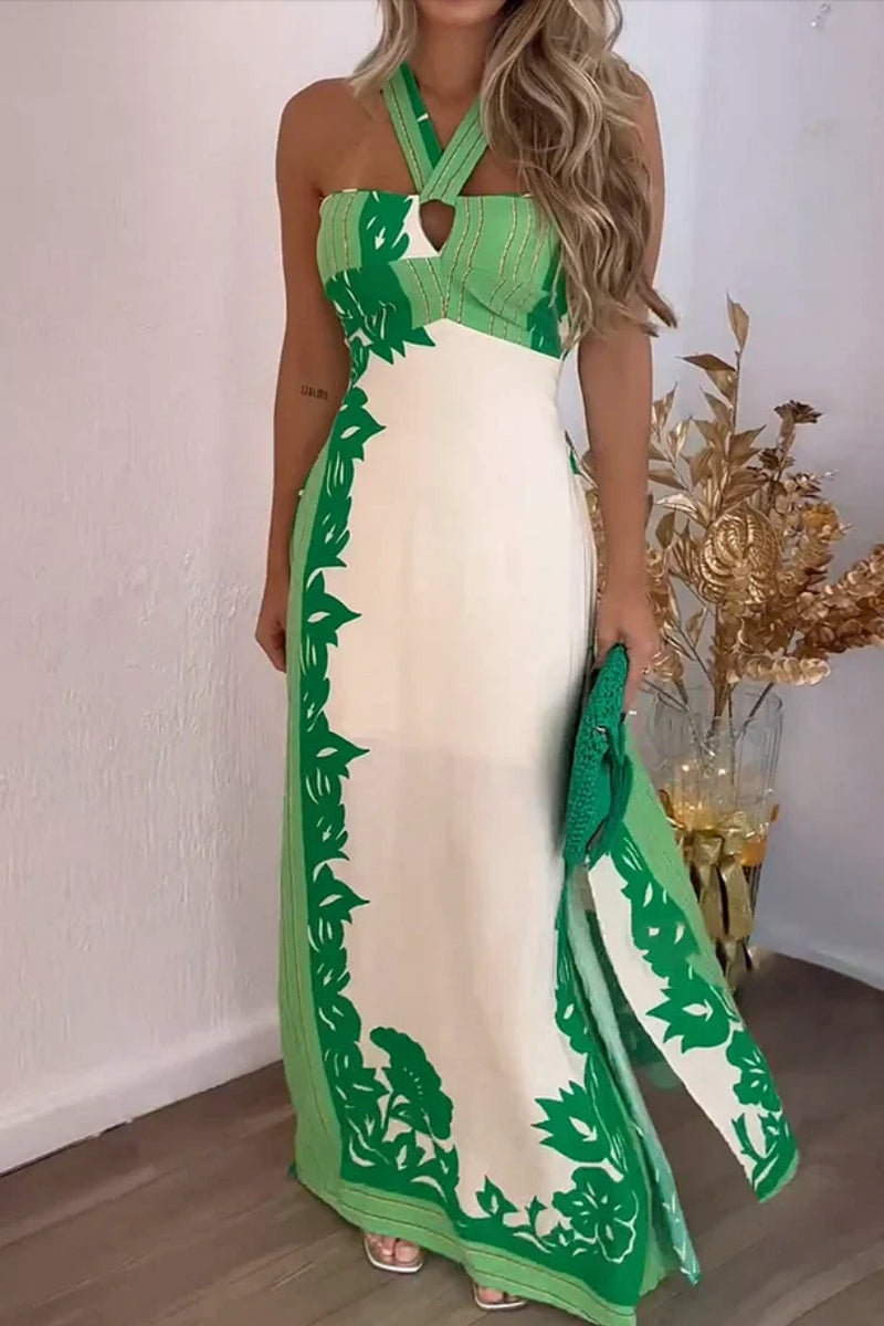 Vacation Print Lace Up Backless Slit Halter Long Dresses(4 Colors)