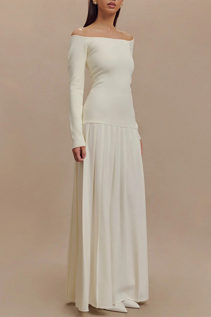 Patchwork Ruched Without Belt Off Shoulder Long Dresses(no Waist Belt)