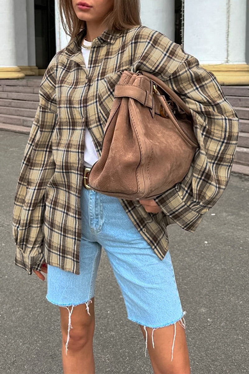 Plaid Buttons Contrast Turndown Collar Blouses
