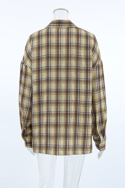Plaid Buttons Contrast Turndown Collar Blouses
