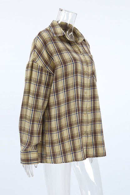 Plaid Buttons Contrast Turndown Collar Blouses