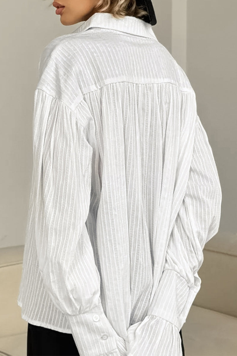 Jacquard Buttons Texture Turndown Collar Blouses