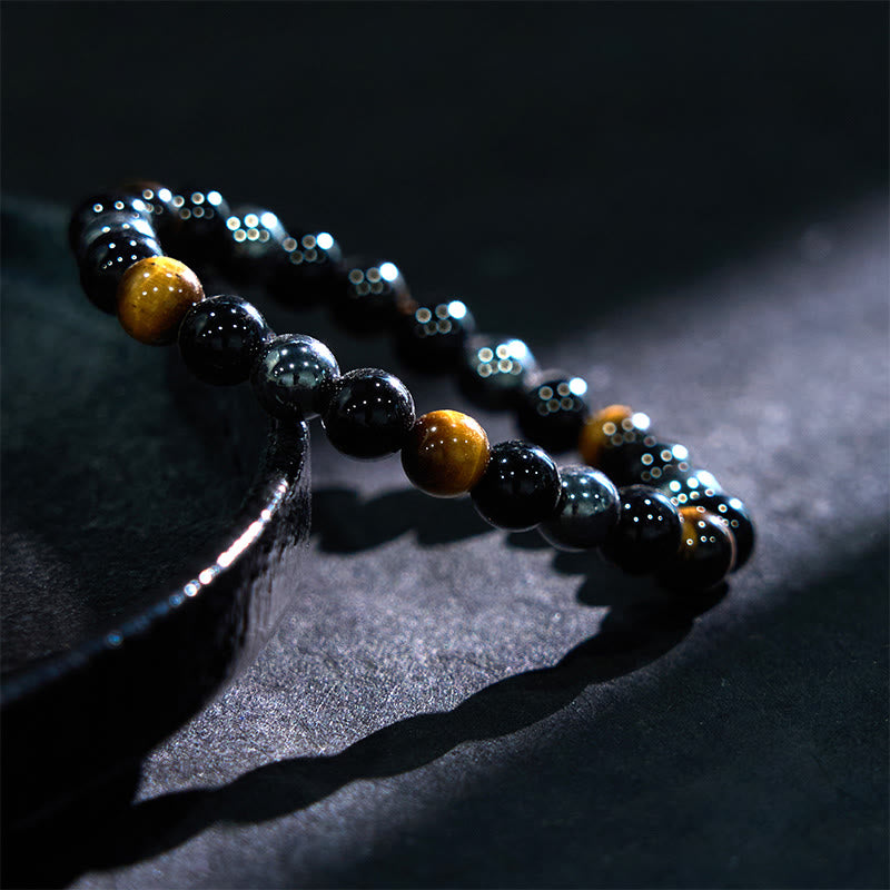 8mm Tiger Eye Obsidian Hematite Bracelet for Protection