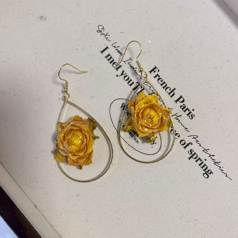 Real Flowers Patchwork Metal Accessories Trim Earrings(each One Is Unique)