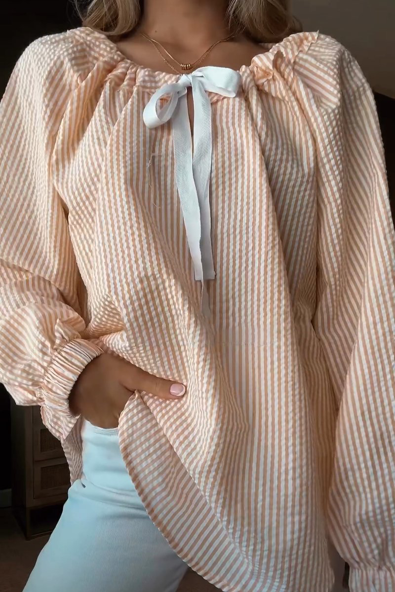 Stripe Lace Up Patchwork Contrast V Neck Blouses(4 Colors)