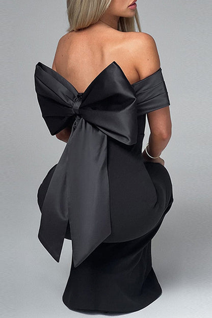 Patchwork Backless Bow Decor Off Shoulder Long Dresses