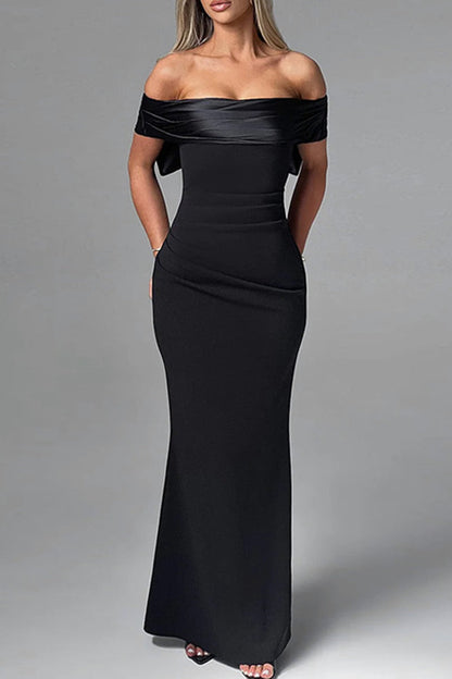 Patchwork Backless Bow Decor Off Shoulder Long Dresses