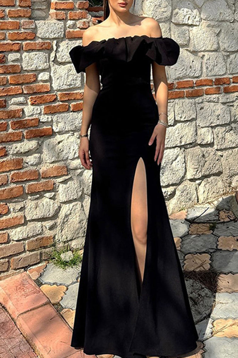 Color Patchwork Backless High Slit Off Shoulder Long Dresses