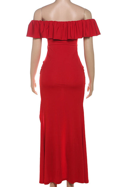 Patchwork Backless High Slit Off Shoulder Long Dresses
