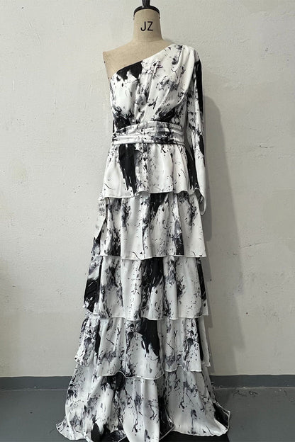 Print Ruffle Sloping Shoulder Long Dresses