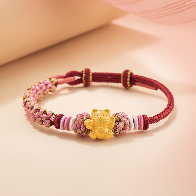 Buddha Stones Handmade 999 Sterling Silver Fortune Cat Ingot Peach Blossom Luck Red Rope Bracelet