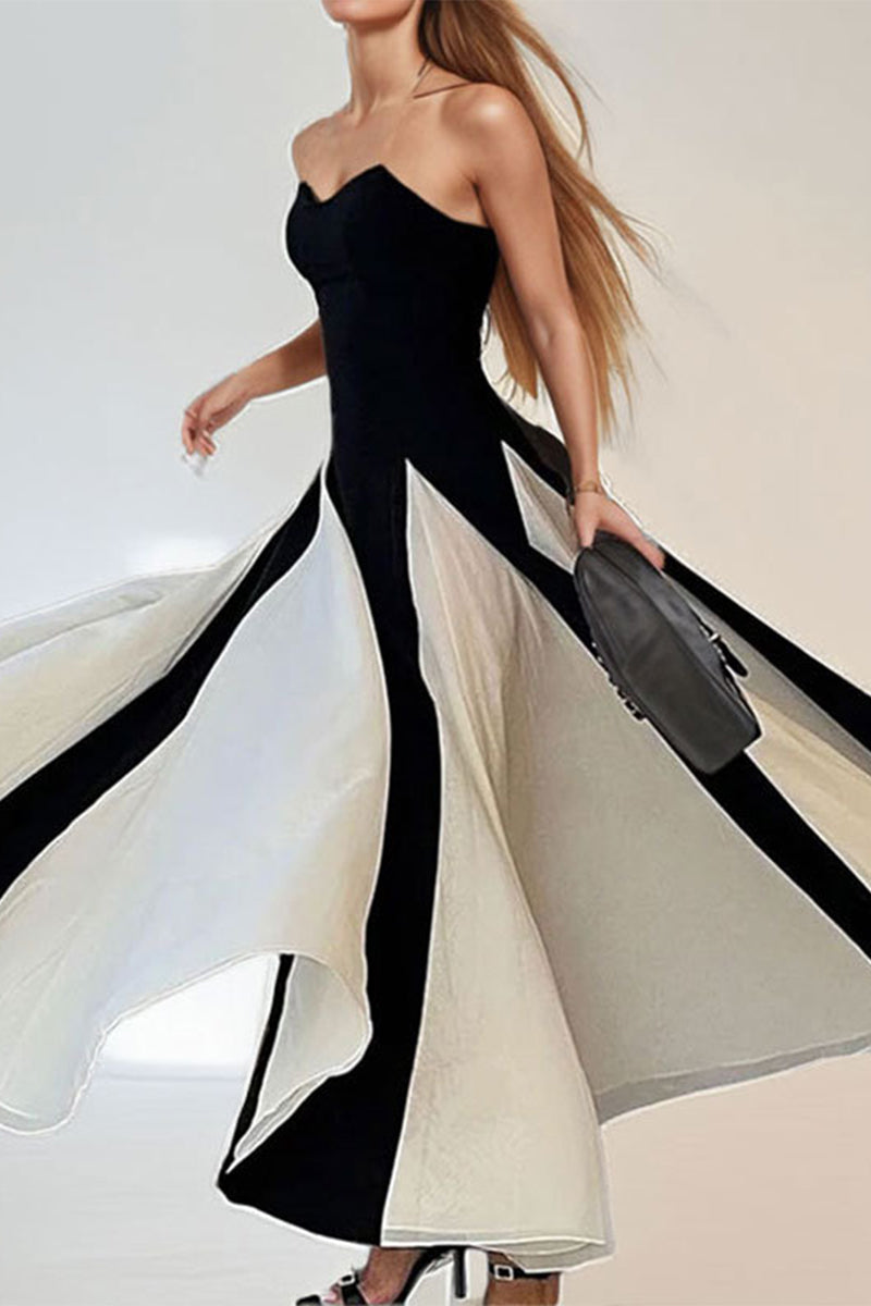 Patchwork Contrast Strapless Long Dresses