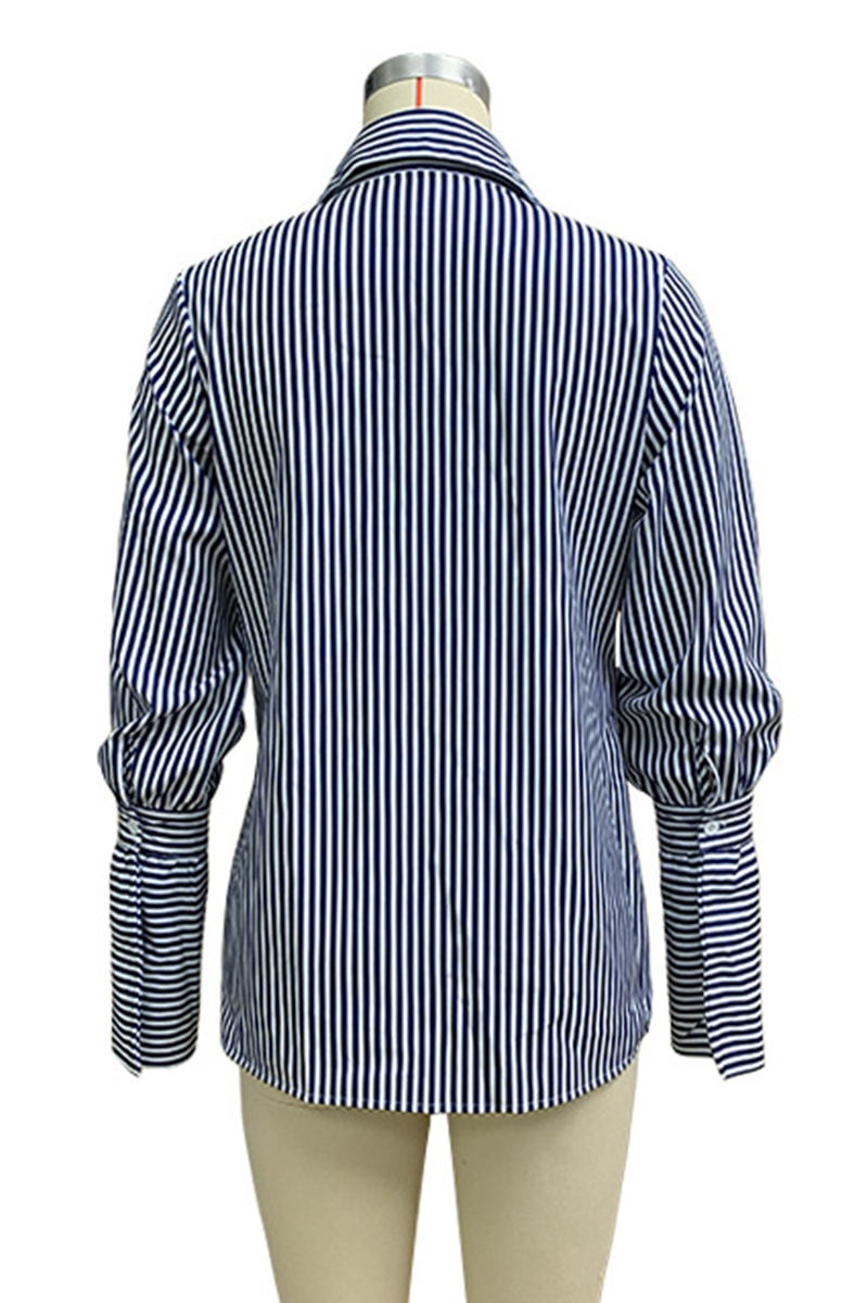 Stripe Pocket Patchwork Contrast Turndown Collar Blouses