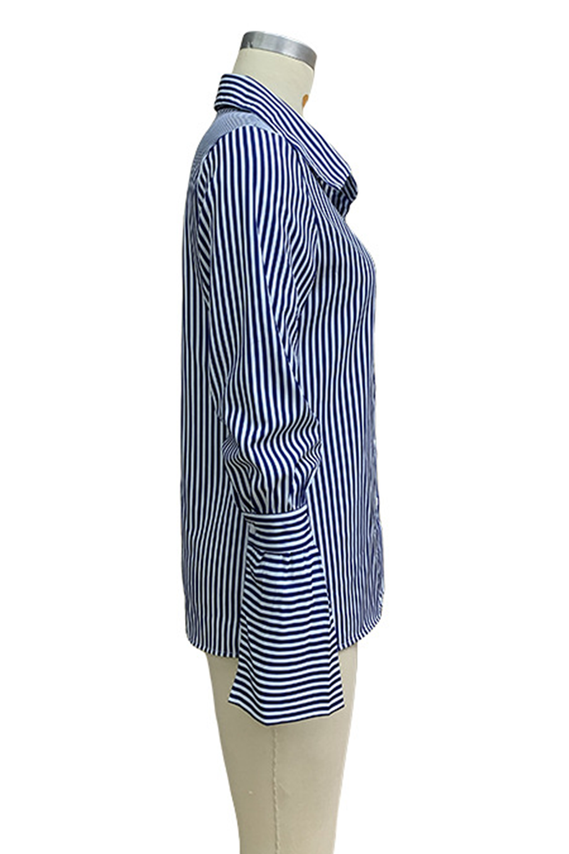 Stripe Pocket Patchwork Contrast Turndown Collar Blouses