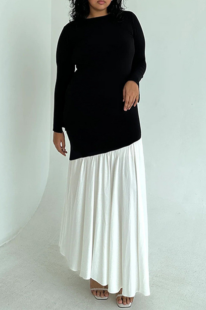 Ruched Contrast O Neck Long Dresses
