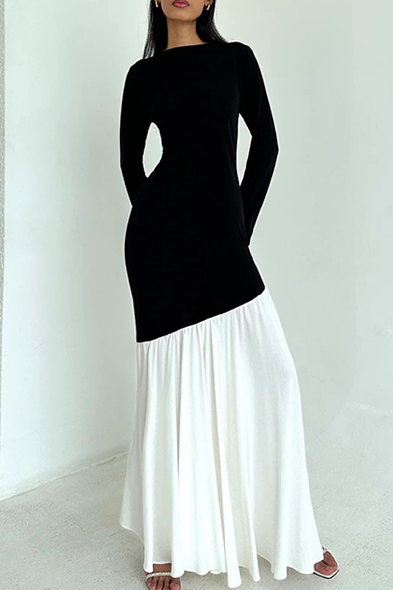 Ruched Contrast O Neck Long Dresses