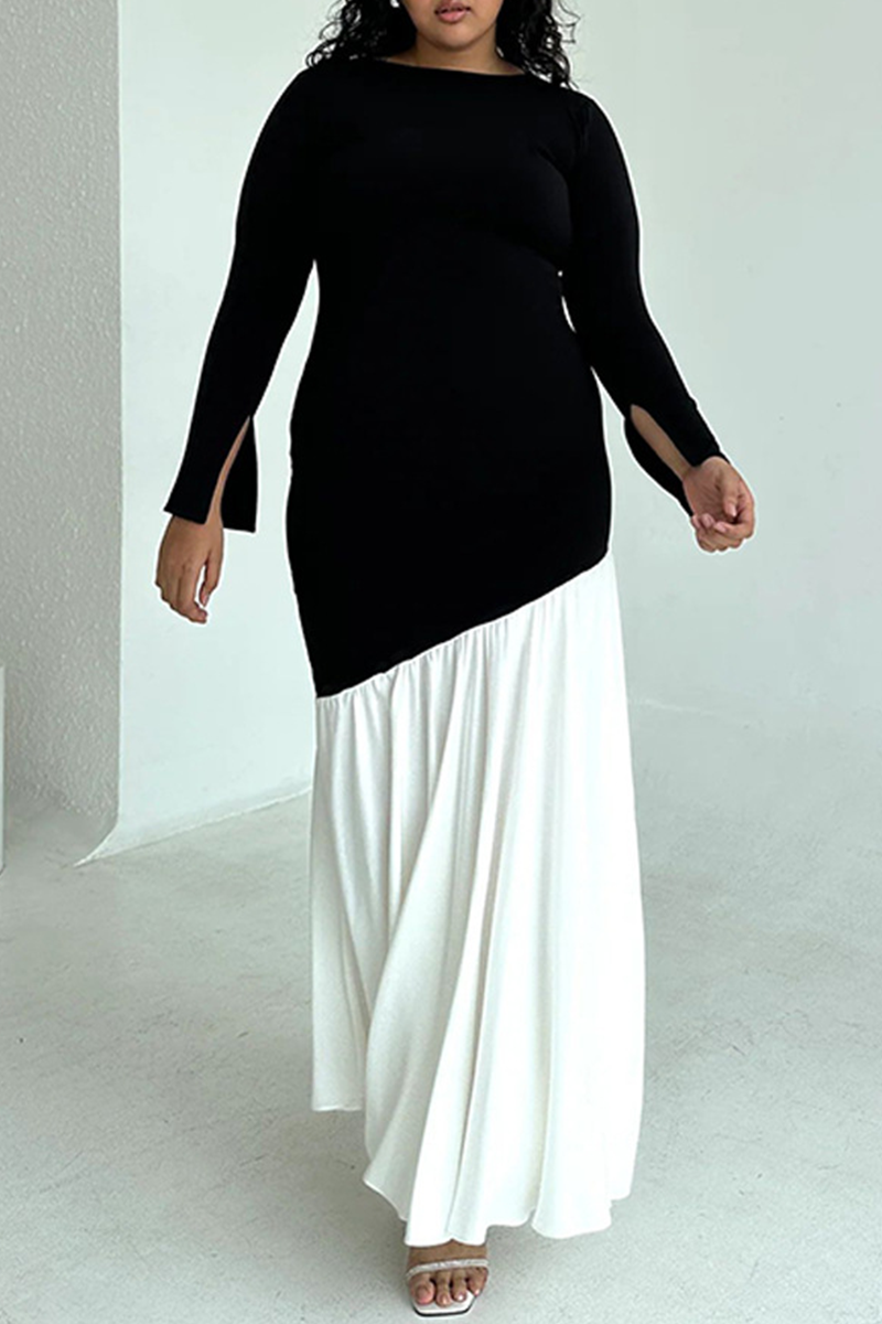 Ruched Contrast O Neck Long Dresses