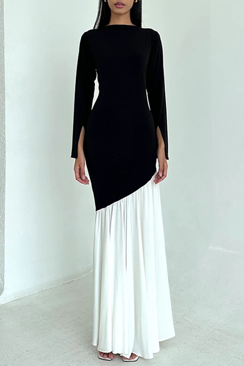 Ruched Contrast O Neck Long Dresses