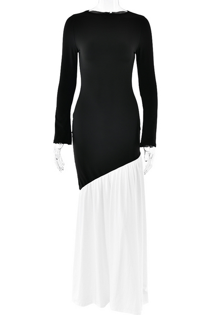 Ruched Contrast O Neck Long Dresses
