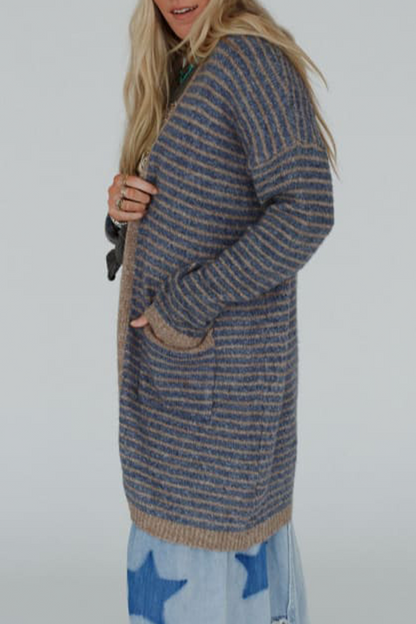 Stripe Pocket Weave Contrast Cardigan Collar Outerwear