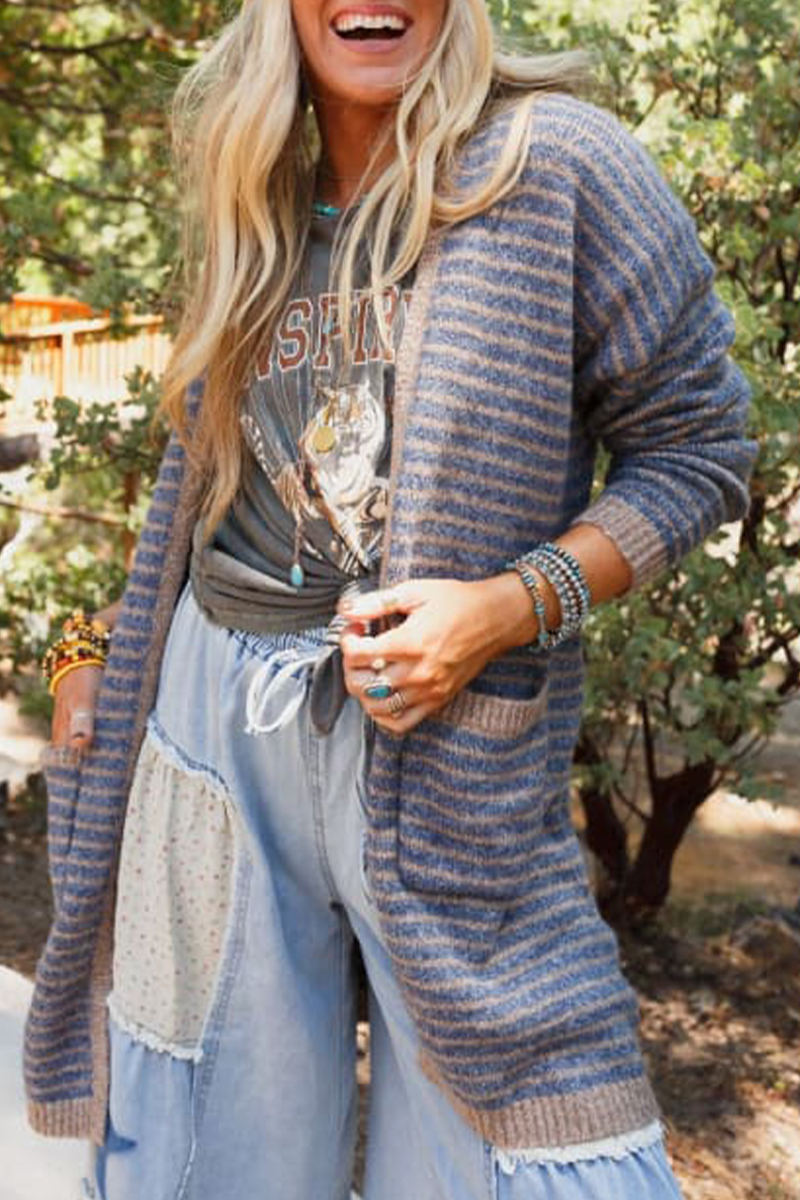 Stripe Pocket Weave Contrast Cardigan Collar Outerwear