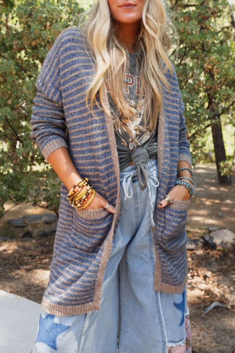 Stripe Pocket Weave Contrast Cardigan Collar Outerwear