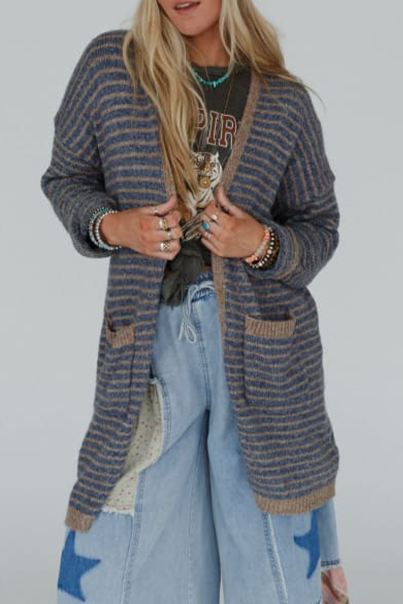 Stripe Pocket Weave Contrast Cardigan Collar Outerwear