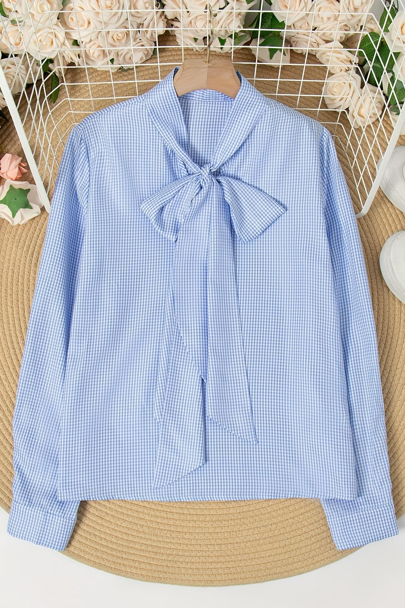 Plaid Bow Decor Tie Neck Blouses